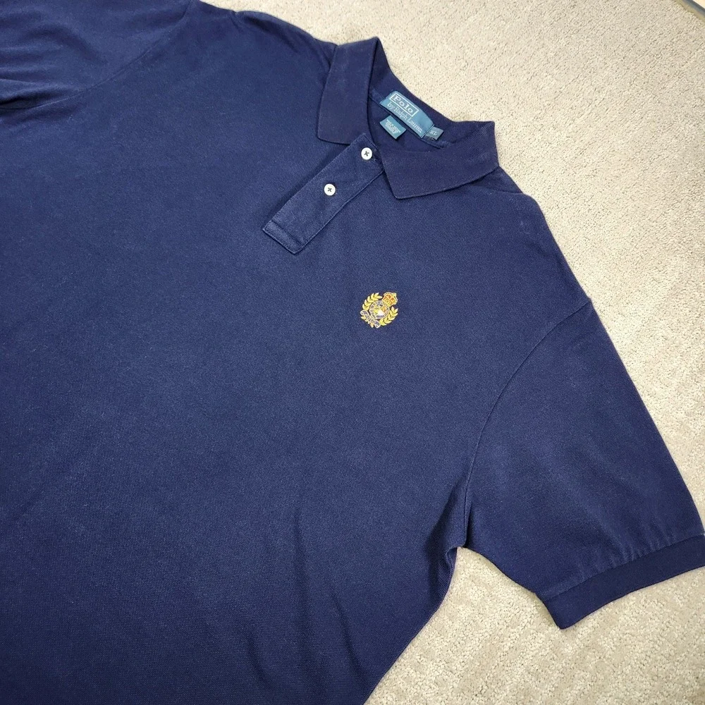 Vintage Polo Ralph Lauren Shirt Men XL Cookie Crest‎ Mesh Polo Crown Blue Cotton